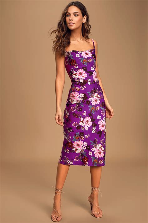Blossoming Romance Purple Floral Print Satin Midi Dress In 2020 Satin
