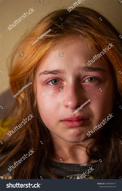 Portrait Little Girl Crying Tears Rolling Foto Stock 1838699617