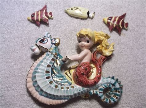 Vintage Mermaid Riding A Seahorse With Fish Wall Plaques Vintage