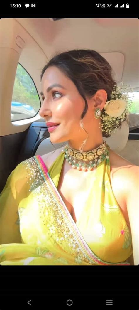 Hina Khan Turns Bridesmaid In Pretty Yellow Floral Saree With Halter Neck Blouse Hot Pics