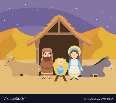 Jesus Between Mary And Joseph With Donkey And Mule