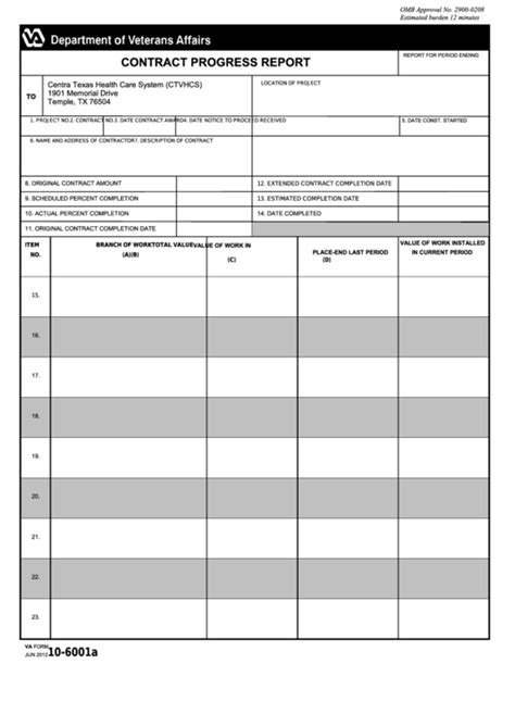 Fillable Va Form 10 6001a Contract Progress Report Printable Pdf Download