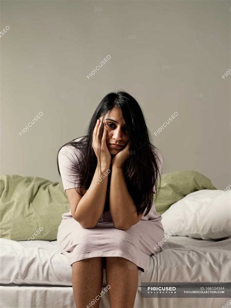 Depressed Woman Sitting On Bed — Adversity Brunette Stock Photo