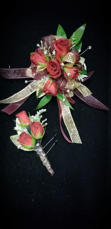 Red Roses With Burgundy And Gold Accents Wrist Corsage Prom Prom