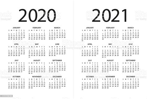 Calendar 2020 2021 Illustration Days Start From Sunday Stock