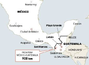 En la parte mexicana se encuentran los estados de chiapas (654 km), tabasco (108 km) y campeche (194 km). Del Sur al Norte: Fronteras Mexicanas