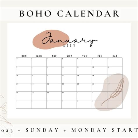 2023 Calendar Printable Digital Download Boho Calendar Etsy Canada