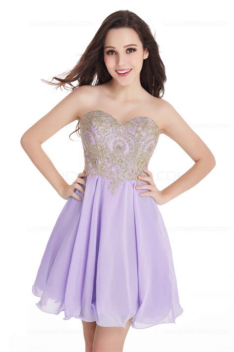 A Line Sweetheart Gold Lace Appliques Short Purple Prom Dresses Party