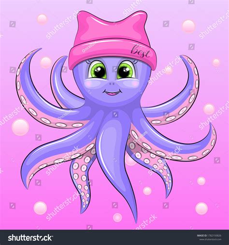 Cute Cartoon Baby Octopus Pink Hat Stock Vector Royalty Free