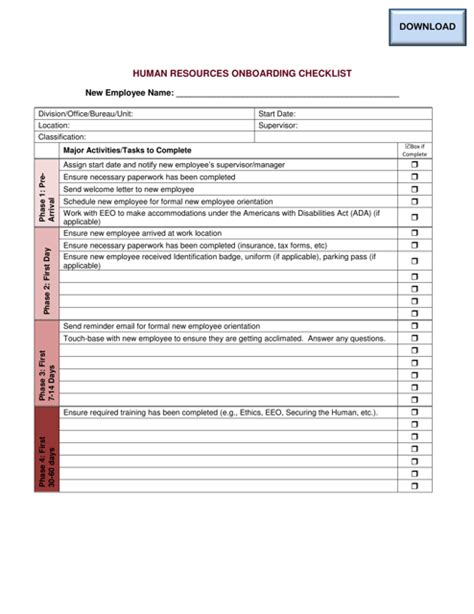 Human Resources New Hire Checklist Template