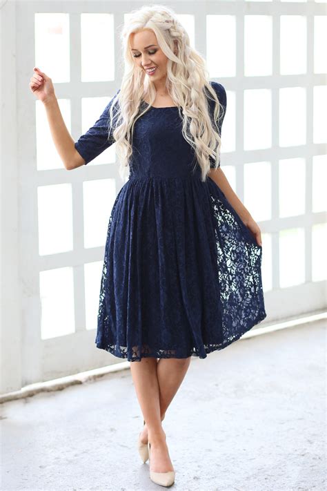Emmy Modest Bridesmaid Dress In Navy Blue Lace