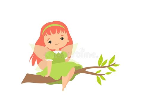 Little Forest Fairy Sitting On Tree Branch Lovely Fairy Girl Cartoon