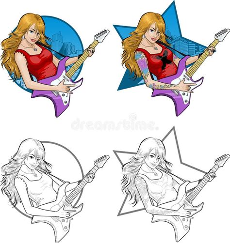 Rock Star Guitarist Asian Girl In Cartoon Style Stock Vector