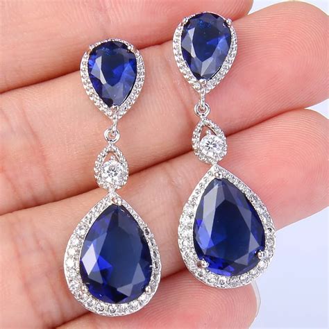 Bella Fashion Blue Tear Drop Bridal Earrings Cubic Zircon Pierced Earrings Wedding Accessory For