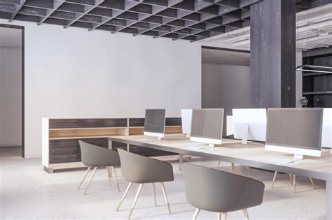 Premium Photo Modern Concrete And Wooden Coworking Office Interior