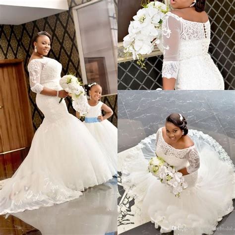 African Wedding Dresses 2019 Plus Size Half Sleeve Lace Appliques Off Shoulder Mermaid Bride
