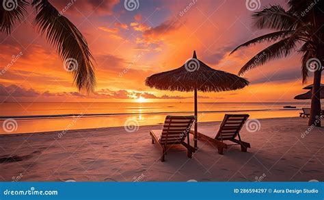 Beautiful Tropical Sunset Scenery Two Sun Beds Loungers Umbrella Under