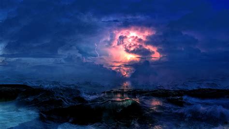 Download Wallpaper 2560x1440 Storm Sea Clouds Lightning Waves