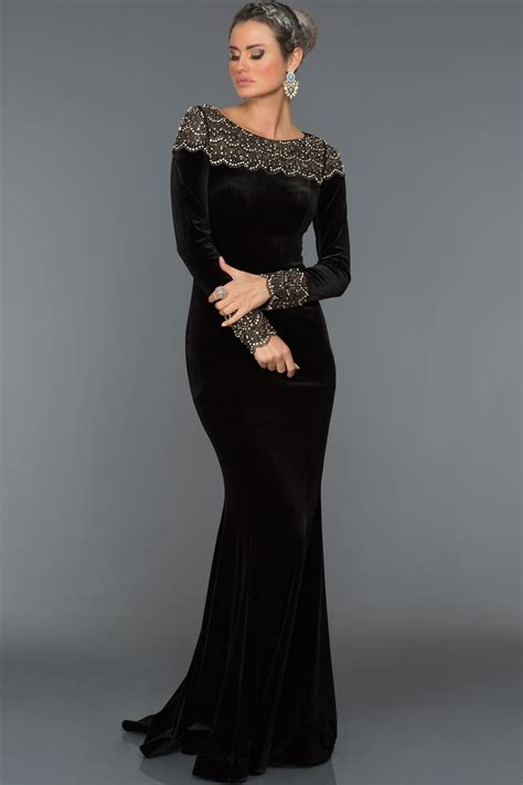 Long Black Velvet Evening Dress F4338