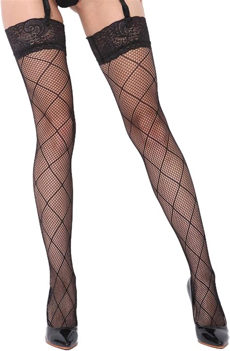 Womens Black Lace Top Sexy Fishnet Thigh High Stockings Black 019