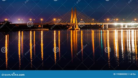 Cable Stayed Bridge Across The River The Bridge With Night Lighting In