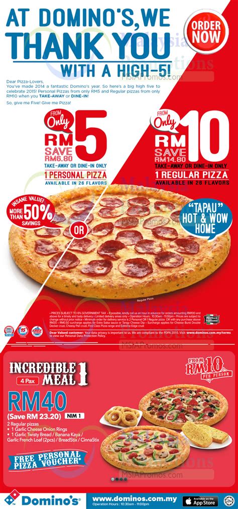 Discover our latest dominos malaysia coupons. Domino's Pizza Pizzas From RM5 Promotion 12 Dec 2014