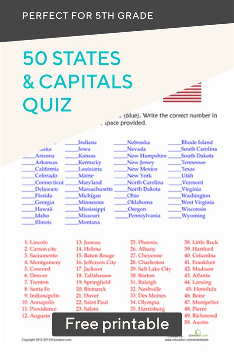 50 State Capitals Worksheet