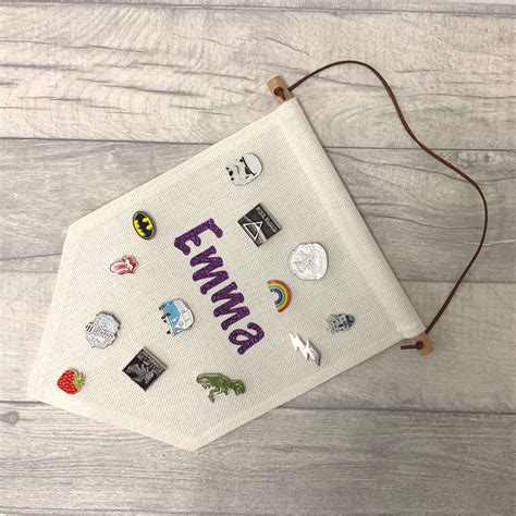 Personalised Glitter Name Linen Pin Badge Collection Holder Pennant Flag