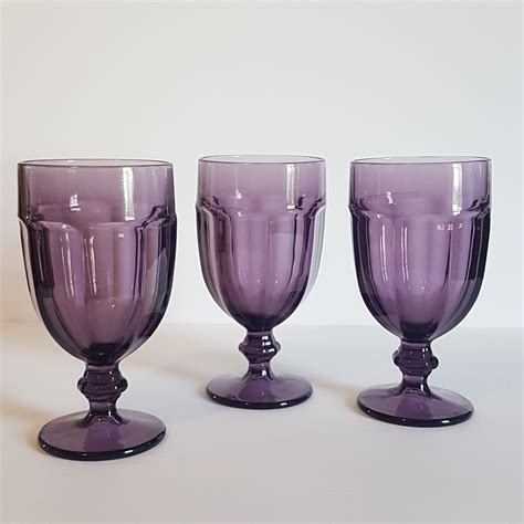 Set Of 3 Purple Libbey Gibraltar Violet Duratuff Goblets 16 Oz Dark Purple Iced Tea Drink Glassware