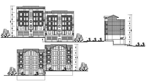 Four Floors Apartment Elevations And Section Autocad