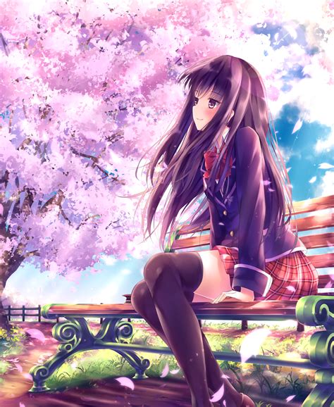 Anime Girl In Uniform Sitting On Bench With A Beautiful