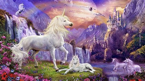 Fantasy Wallpaper Hd Unicorns Horse Castles Waterfalls Mountains Flowers Birds