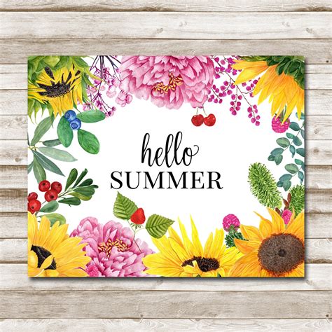 Hello Summer Printable Wall Art Floral Berries Sign 5x7 8x10 Etsy