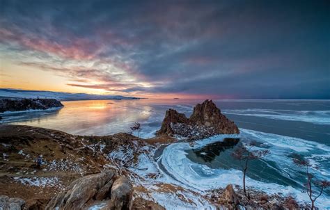 Wallpaper Winter Sunset Coast Ice Siberia Lake Baikal Olkhon