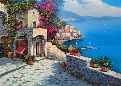 Positano Coast Painting Blue Sea Italian Original Oil Canvas Ede