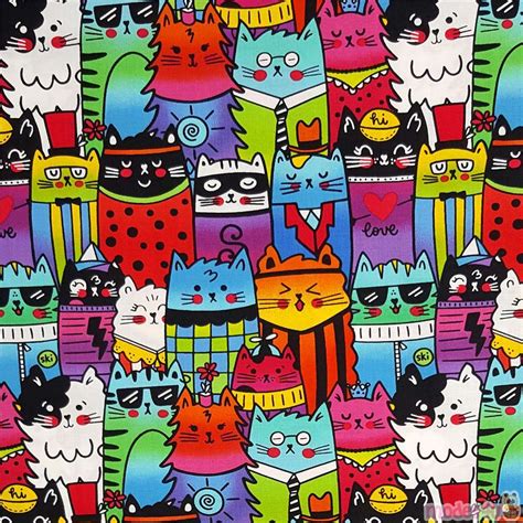 Packed Rainbow Cartoon Cat Fabric By Timeless Treasures Modes4u