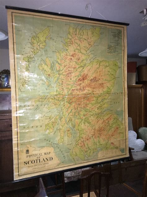 Charming Large Antique School Classroom Map Of Scotland Pull Down Wall