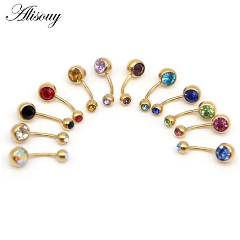 Alisouy Hot 1 Pcs Punk Golden Crystal Rhinestones Navel And Belly Button Rings Body Piercing