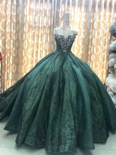 green princess sparkly sleeveless ball gown weddingprom