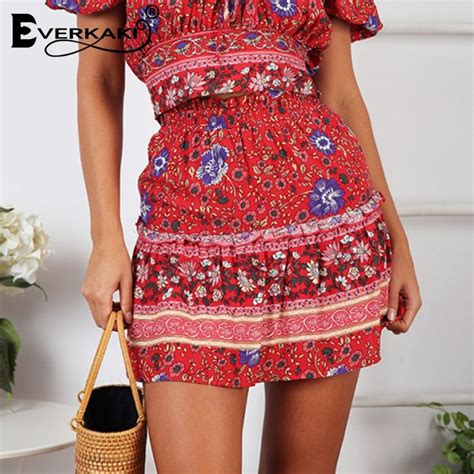 Everkaki Boho Mini Floral Print Skirt Women Gypsy Ruffles Short Skirt