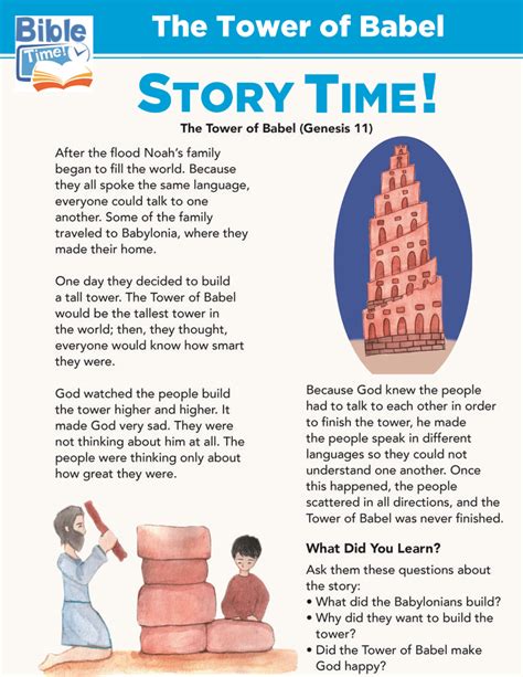 the tower of babel story time with an image of two people standing in front of it