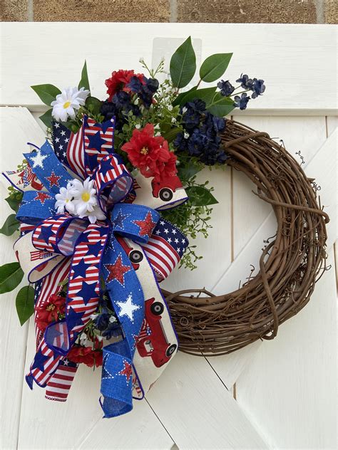 Red White And Blue Patriotic Wreath 4th Of July Grapevine Etsy