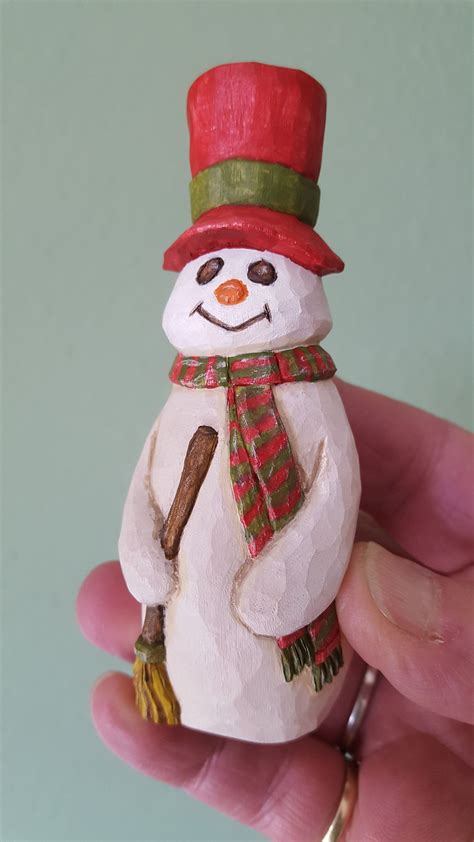 Hand Carved Snowman Wood Carving Collectible Simple Wood Carving