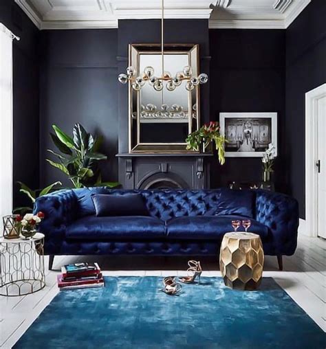 Dark Navy Walls And Blue Velvet Sofa Beautiful Living Rooms Luxury