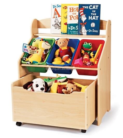 Wooden Toy Organizer For Kids With 5 Plastic Bins2 Tier Wooden Toys