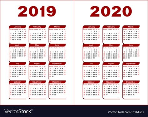 Calendar 2019 2020 Royalty Free Vector Image Vectorstock