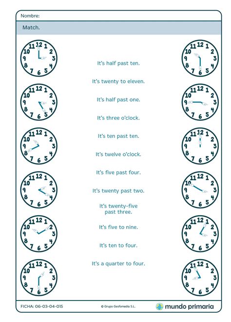 Ficha De Unir El Reloj Con La Hora En Inglés Para Primaria