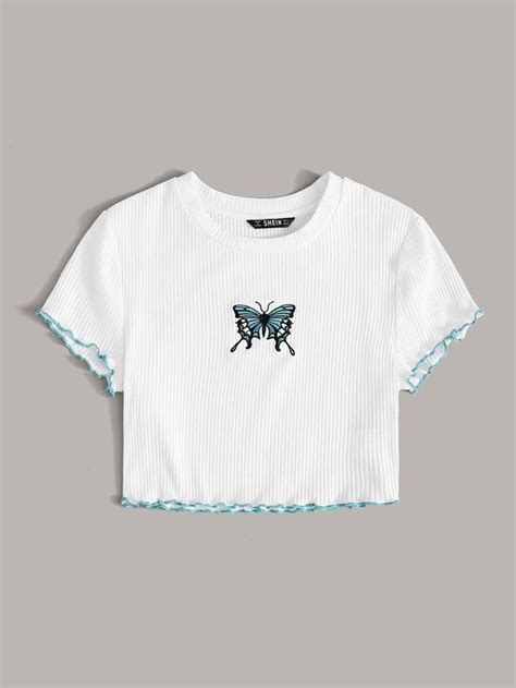 Shein Lettuce Trim Butterfly Embroidery Crop Top Tween Fashion