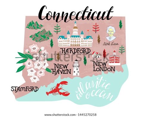 Illustrated Map Connecticut Usa Travel Attractions Stock Vector Royalty Free 1445270258