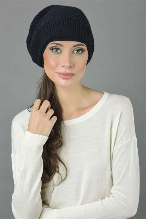 Pure Cashmere Ribbed Knitted Slouchy Beanie Hat In Navy Blue Italy In